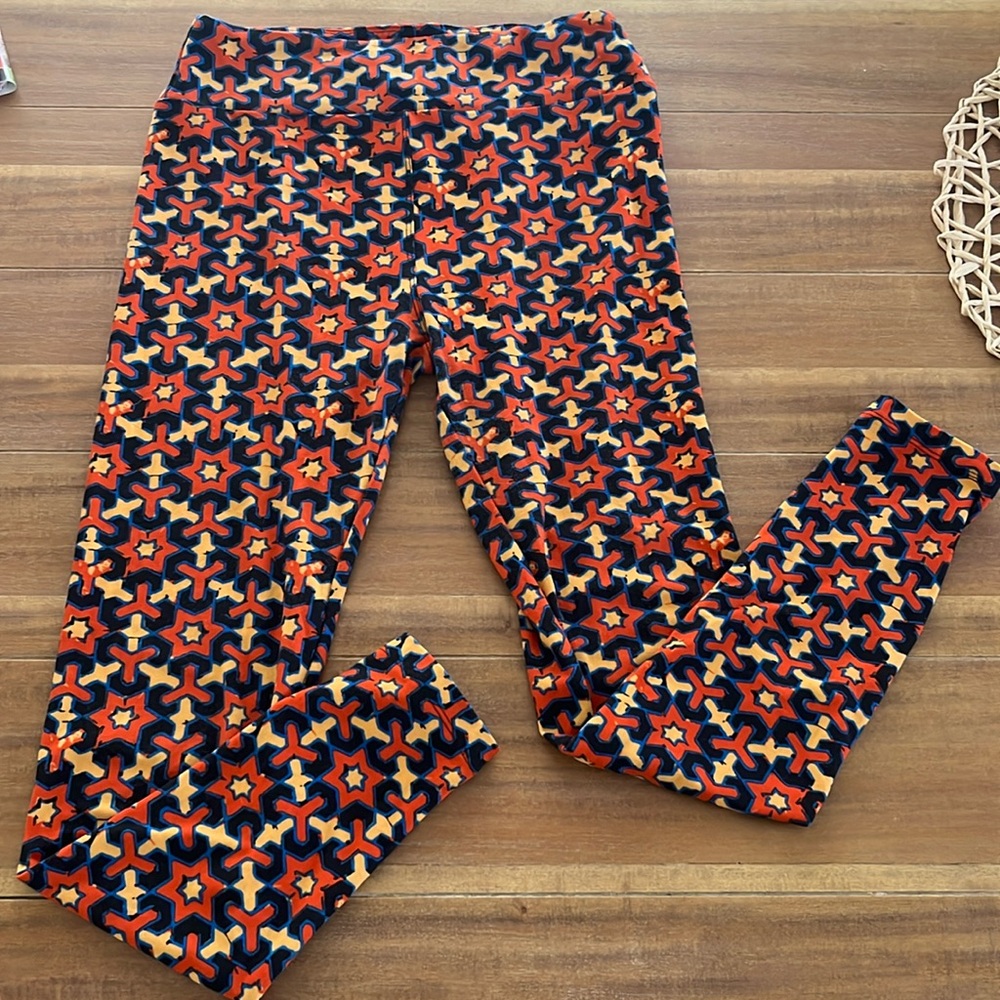 LuLaRoe OS Leggings Stars Geometric Black Orange Blue Women's One Size